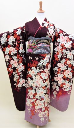 成人式　正絹振袖フルセット「紫地に華やかしだれ桜 振袖」