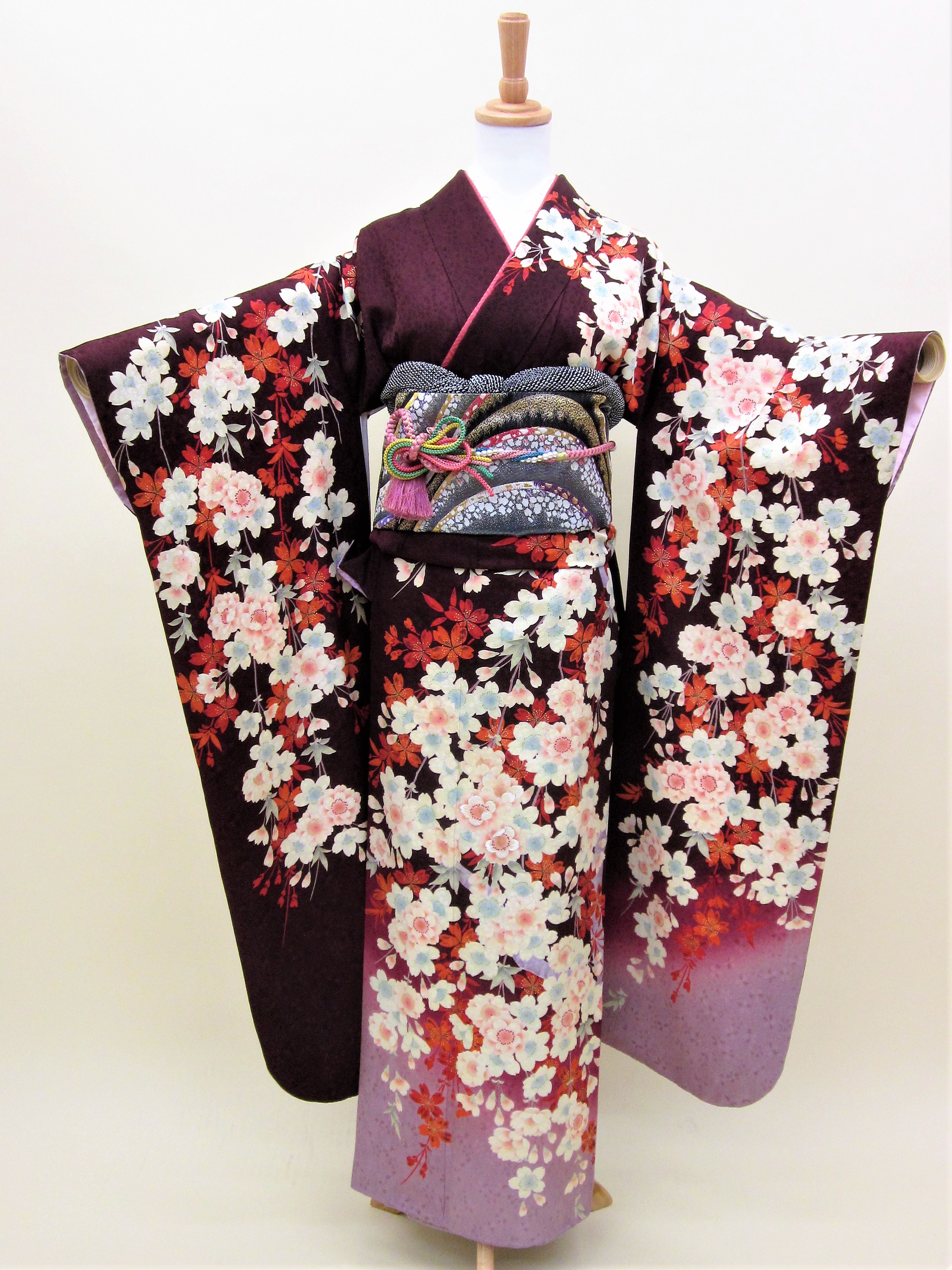 成人式　正絹振袖フルセット「紫地に華やかしだれ桜 振袖」