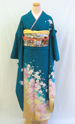 成人式　正絹振袖フルセット「青緑地に明るい桜々 振袖」