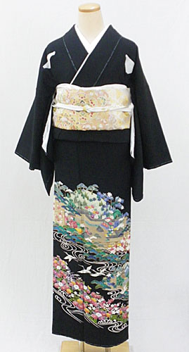 正絹黒留袖フルセット「鶴に花景色 黒留袖」