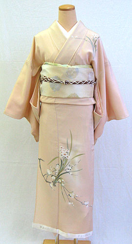 正絹“単衣”訪問着フルセット「桜色地に上品な草花」