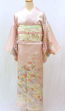 正絹“単衣”訪問着フルセット「桜色地に優しい花々」