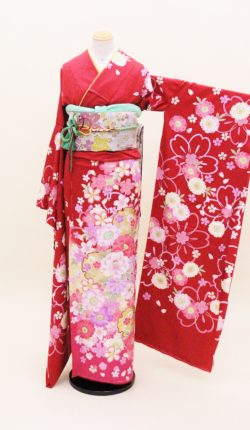 成人式　正絹振袖 新品オーダーレンタルフルセット「赤地に桜雪輪 振袖」