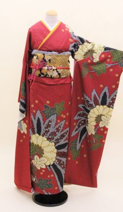 成人式　正絹振袖 新品オーダーレンタルフルセット「赤地に古典大花 振袖」