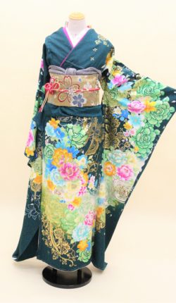 成人式　正絹振袖 新品オーダーレンタルフルセット「深緑地に花と蝶 振袖」