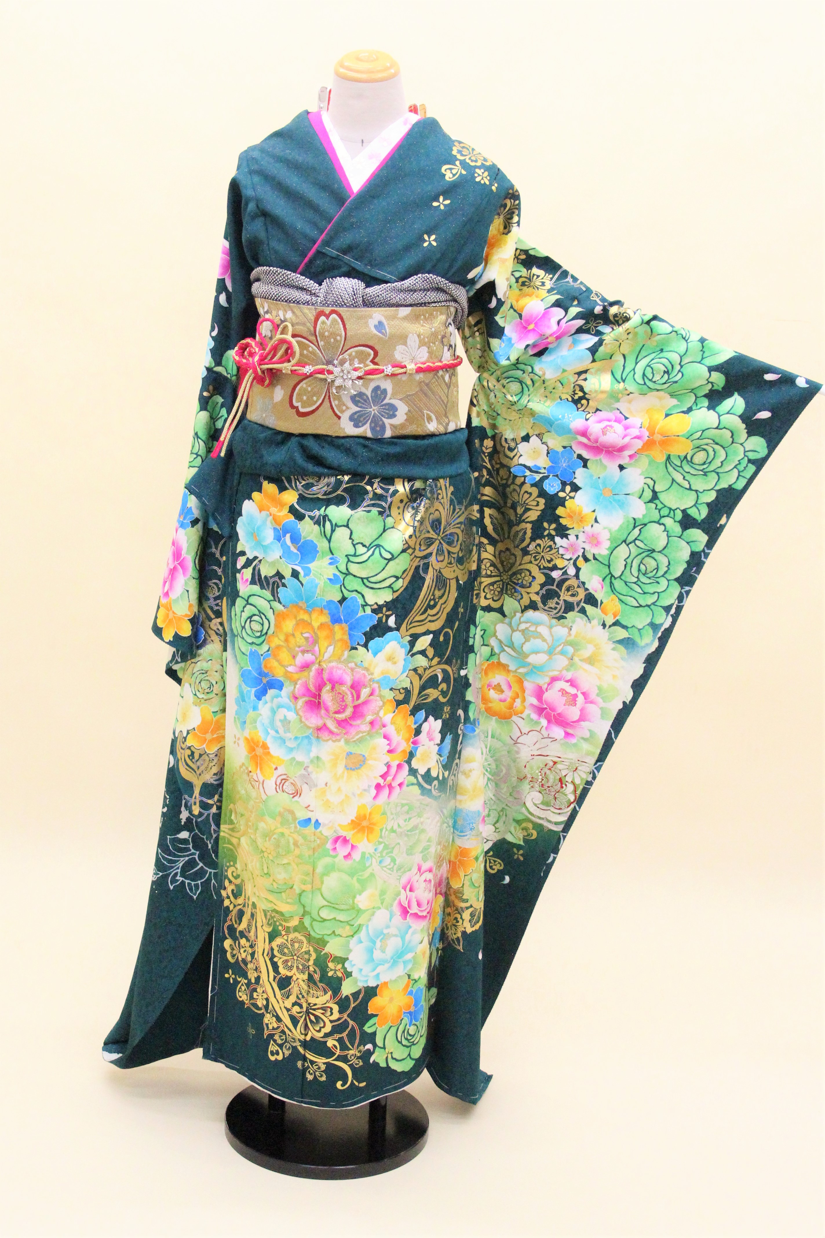 成人式　正絹振袖 新品オーダーレンタルフルセット「深緑地に花と蝶 振袖」