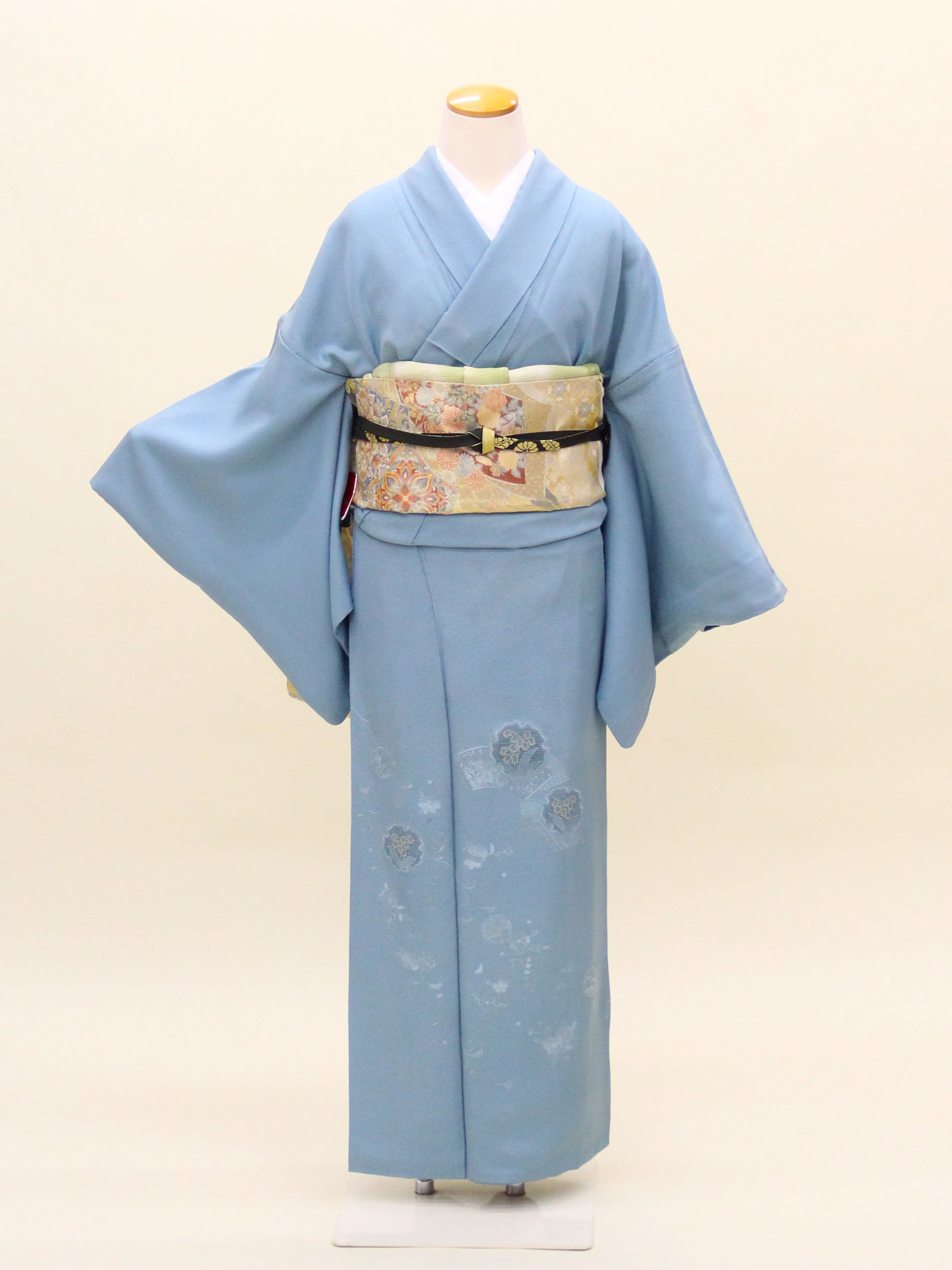 正絹訪問着フルセット 「ブルーグレー地に花刺繍 訪問着」