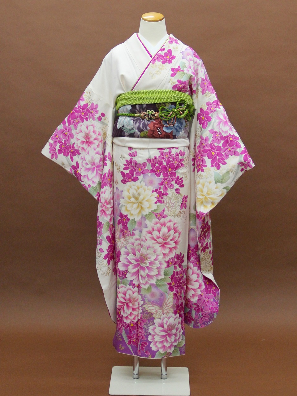 成人式　正絹振袖フルセット「白地にダリアと蘭 振袖」